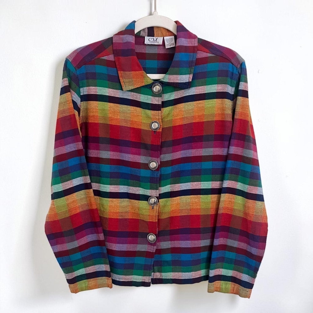 Vintage Jacket Women's Medium Vibrant Rainbow Tapestry Plaid Rugged Cotton Boho
